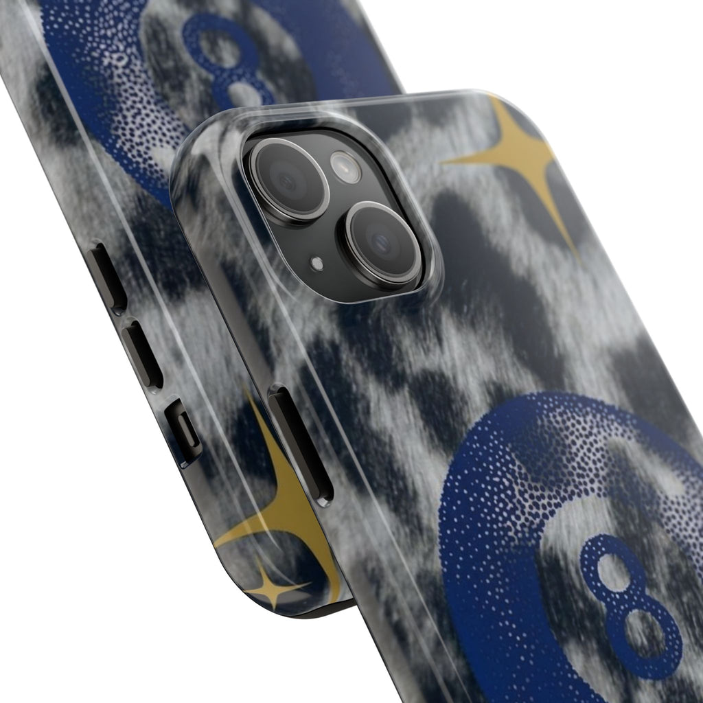 Tough Phone Case – Blue 8 Ball on Black & White Leopard Print