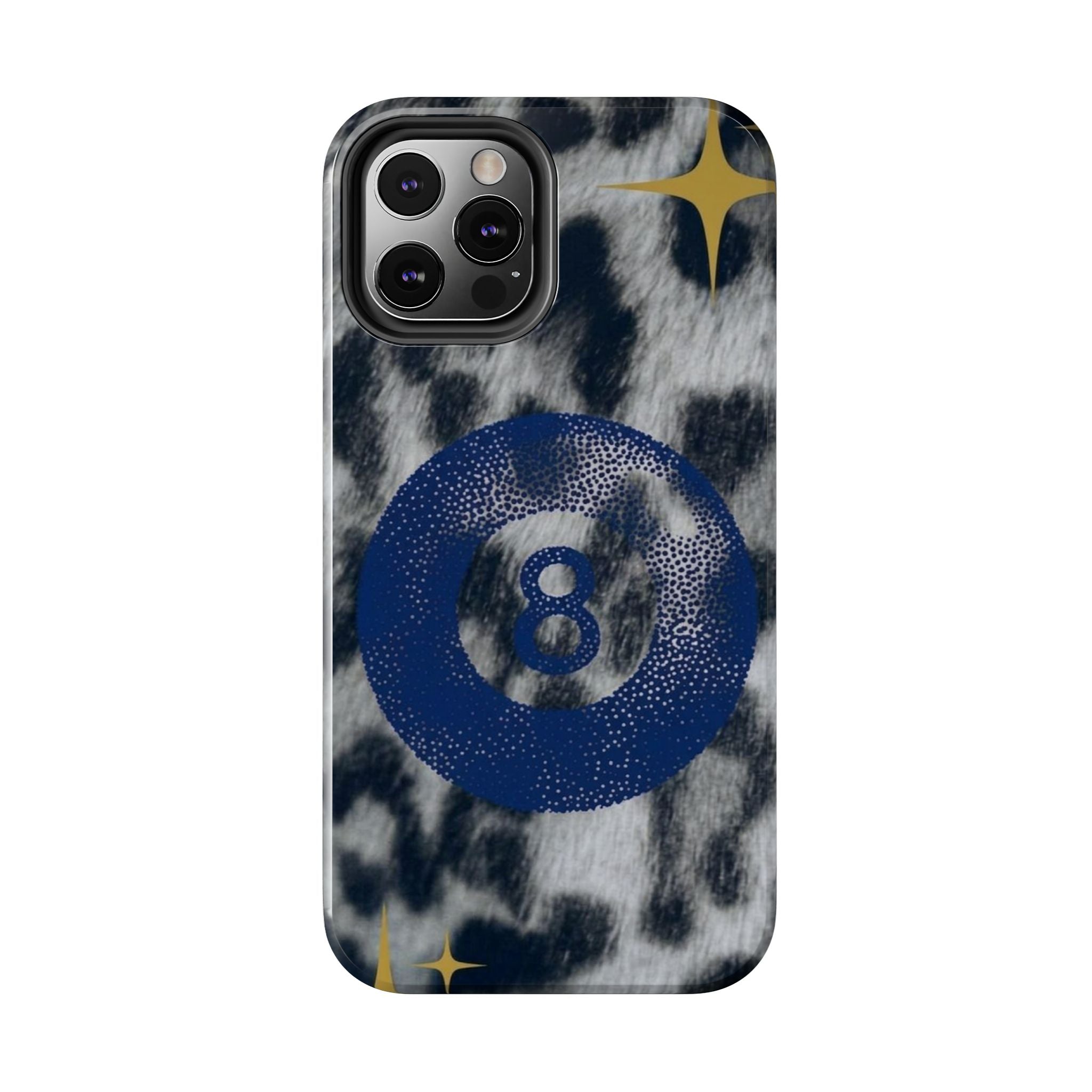 Tough Phone Case – Blue 8 Ball on Black & White Leopard Print
