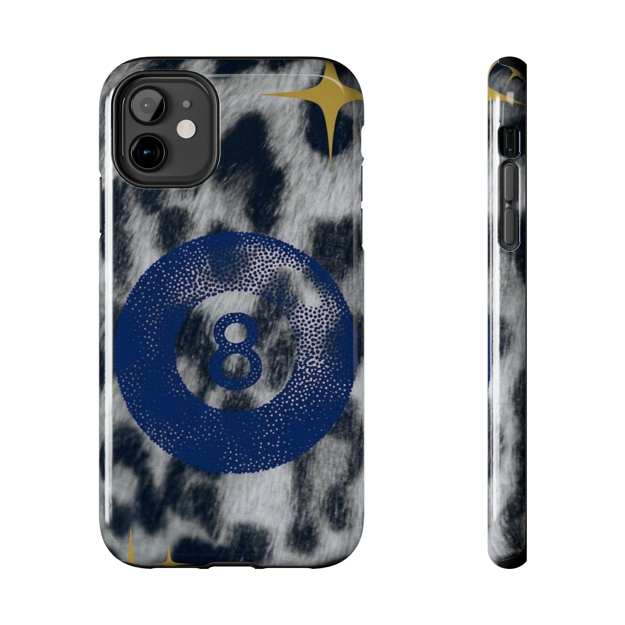 Tough Phone Case – Blue 8 Ball on Black & White Leopard Print