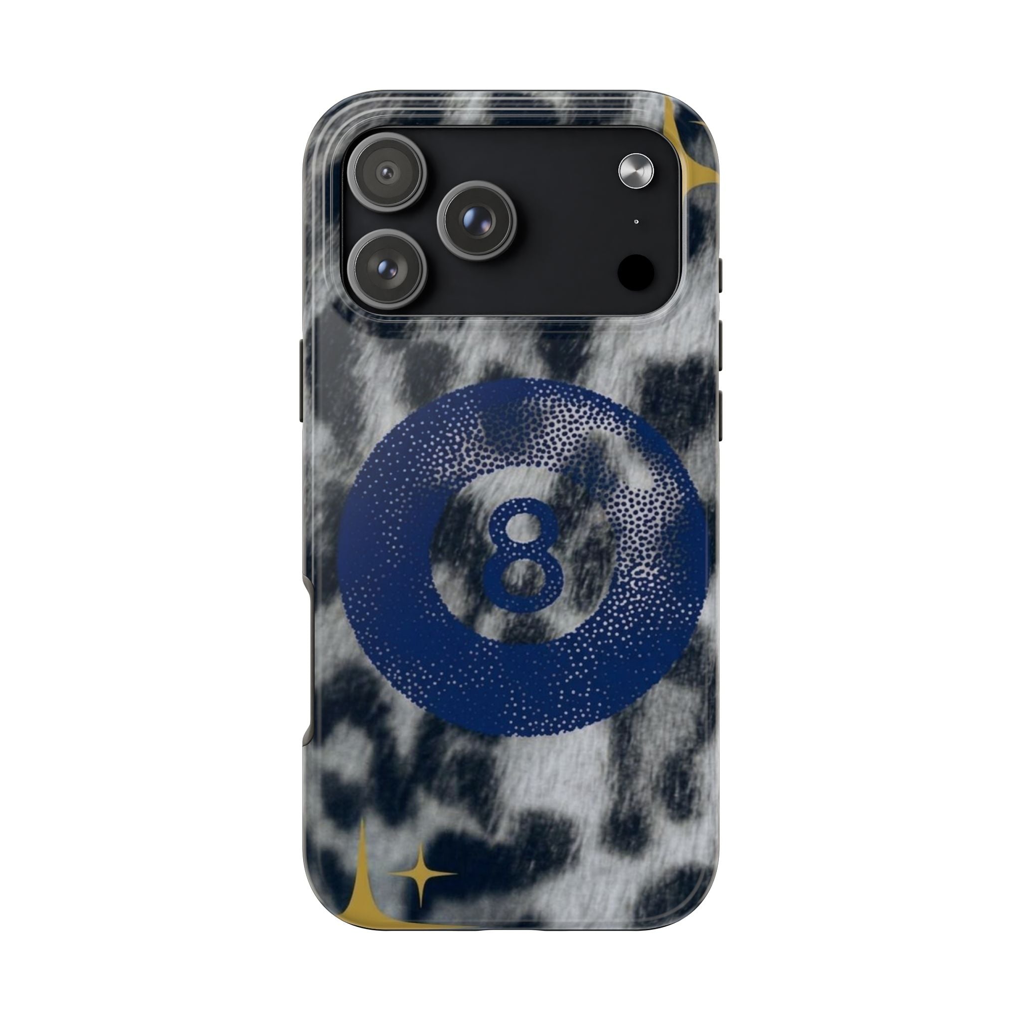 Tough Phone Case – Blue 8 Ball on Black & White Leopard Print