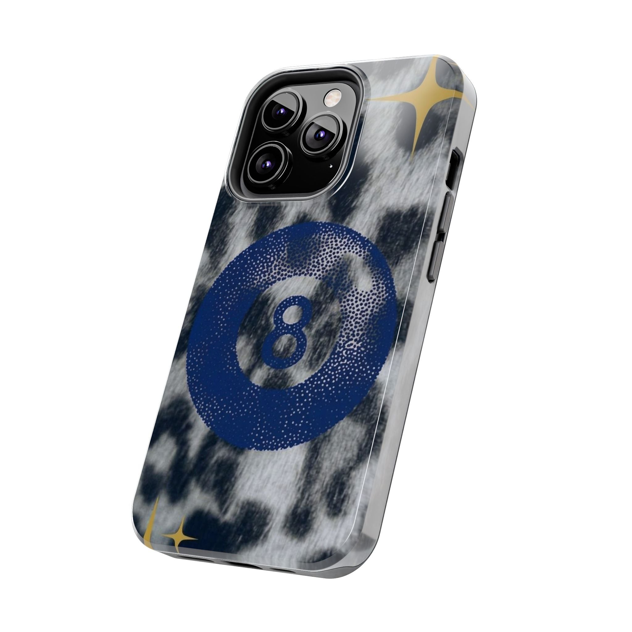 Tough Phone Case – Blue 8 Ball on Black & White Leopard Print
