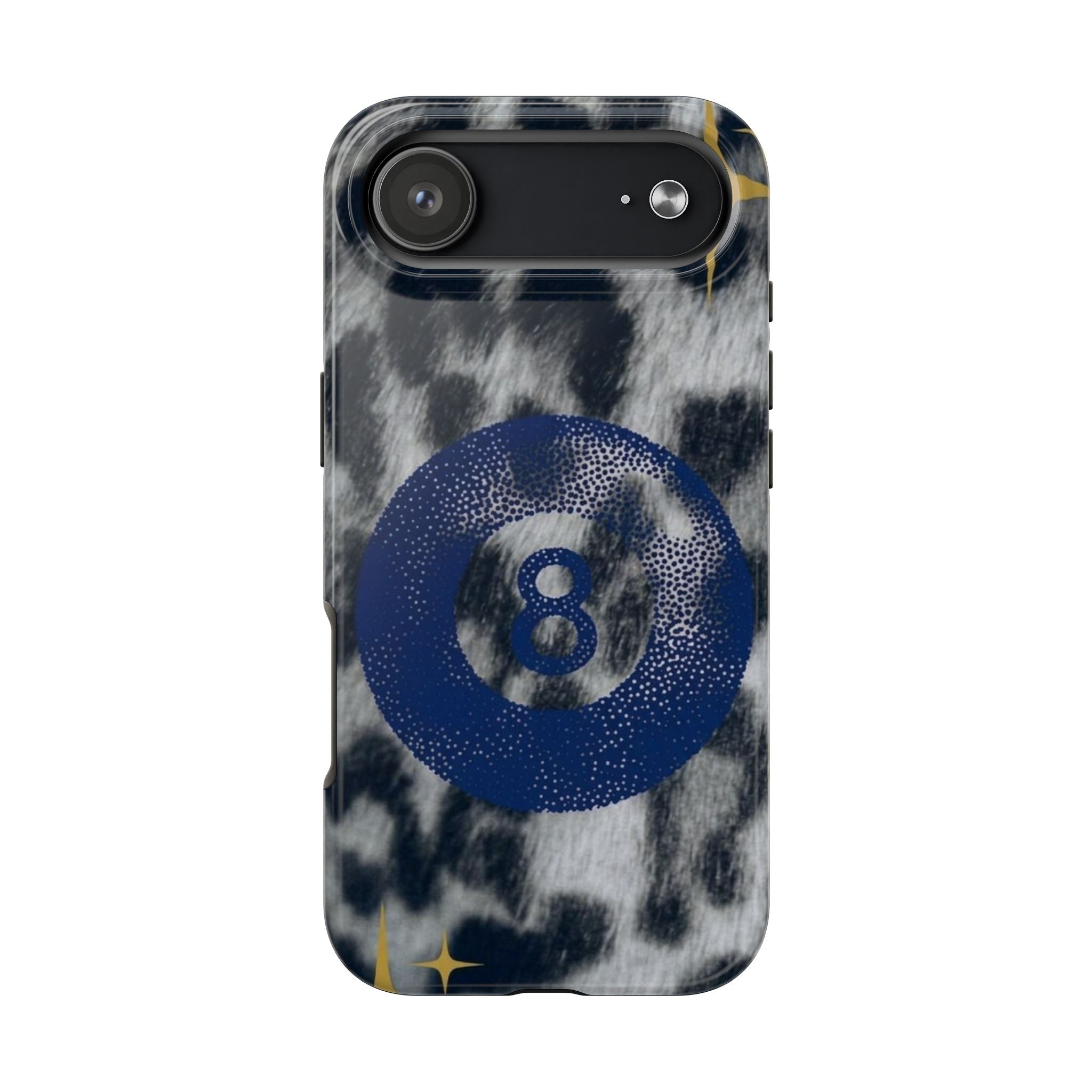 Tough Phone Case – Blue 8 Ball on Black & White Leopard Print