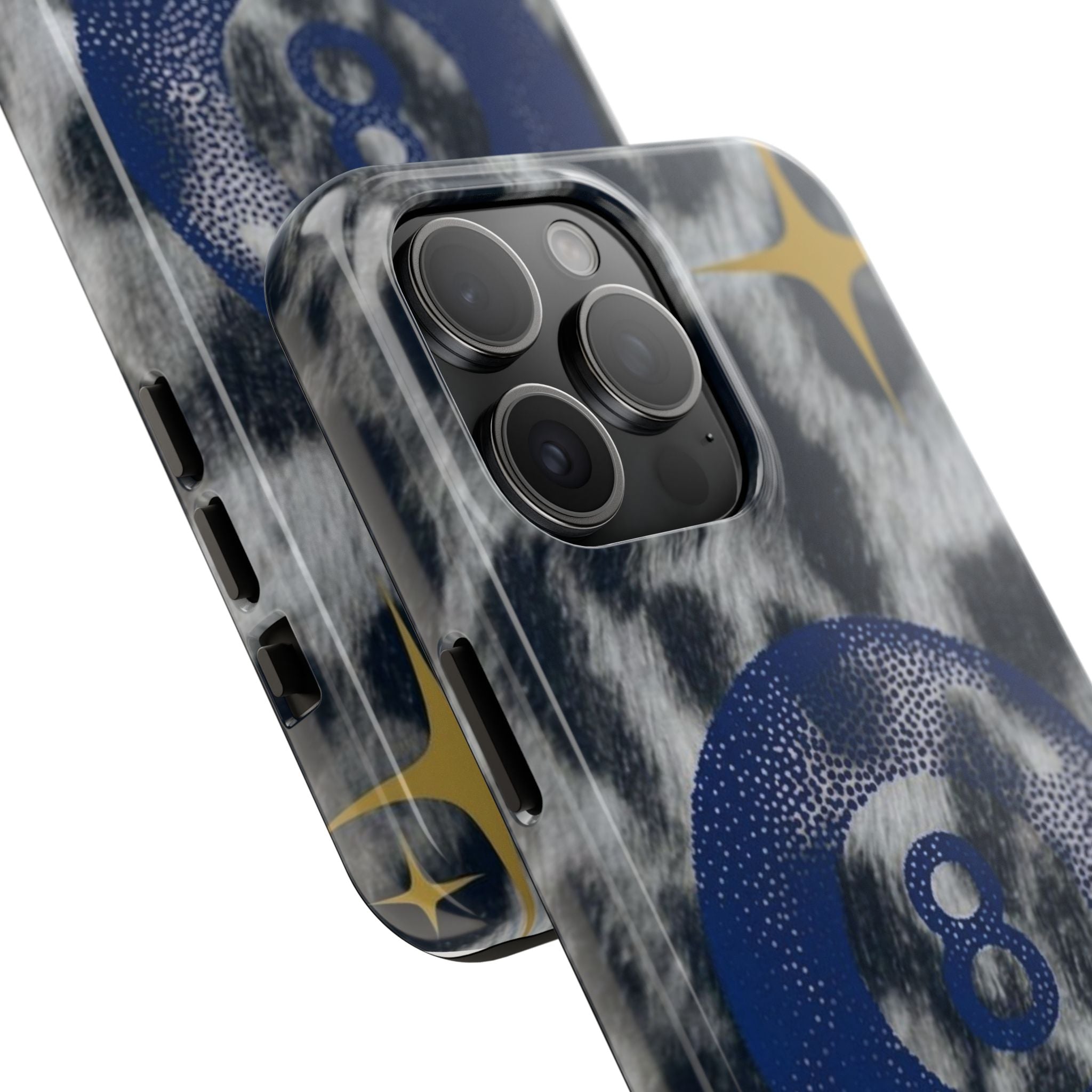 Tough Phone Case – Blue 8 Ball on Black & White Leopard Print