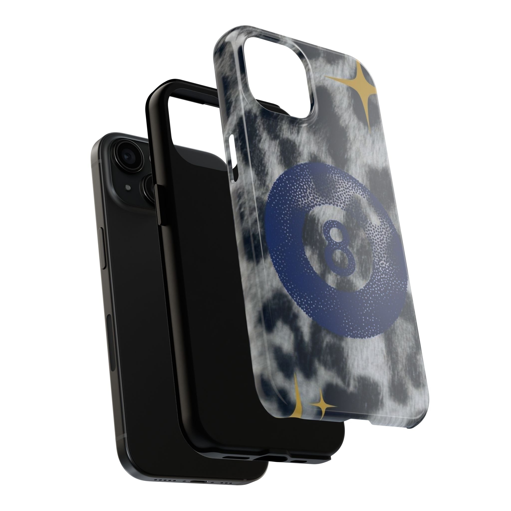 Tough Phone Case – Blue 8 Ball on Black & White Leopard Print