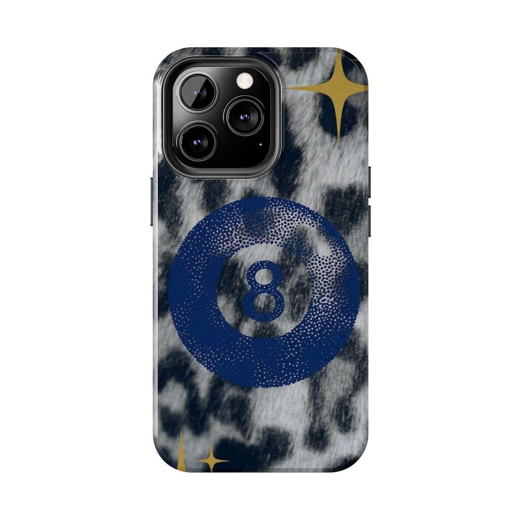 Tough Phone Case – Blue 8 Ball on Black & White Leopard Print