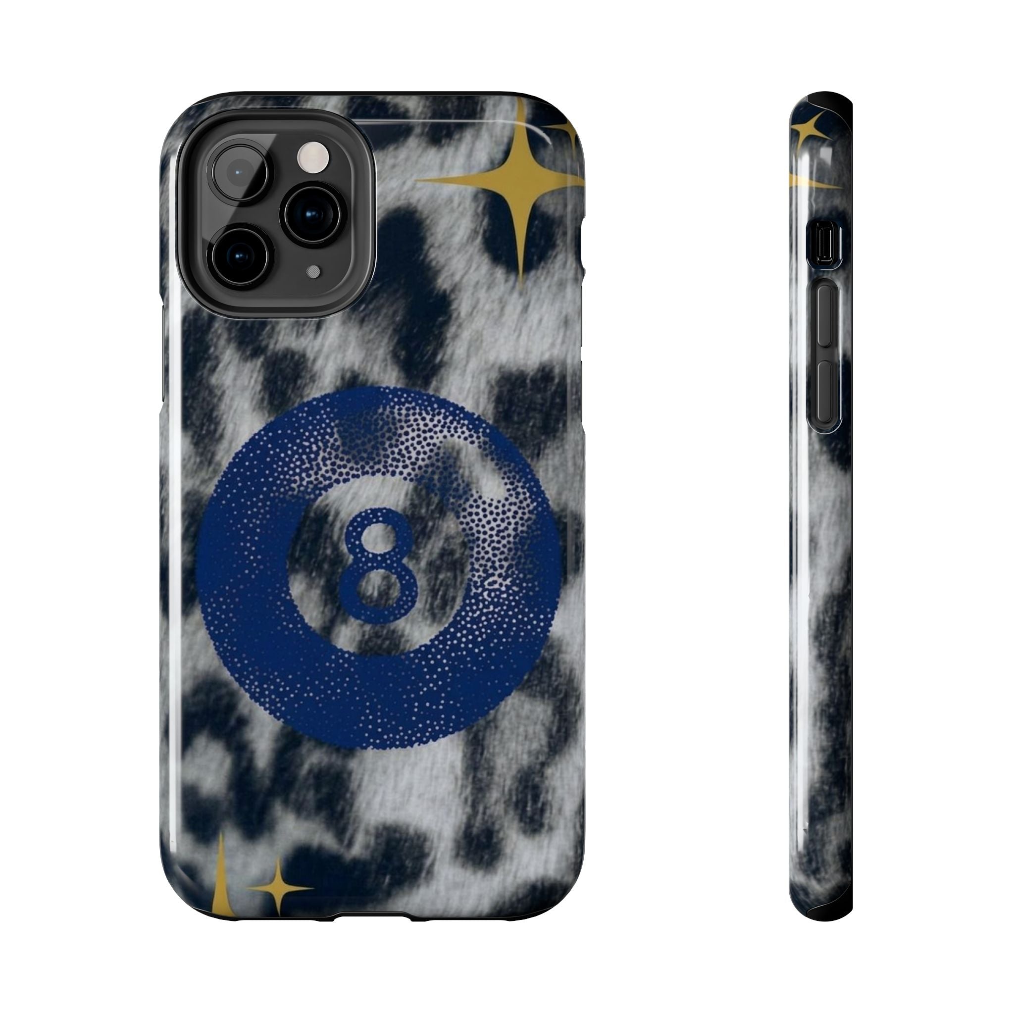 Tough Phone Case – Blue 8 Ball on Black & White Leopard Print