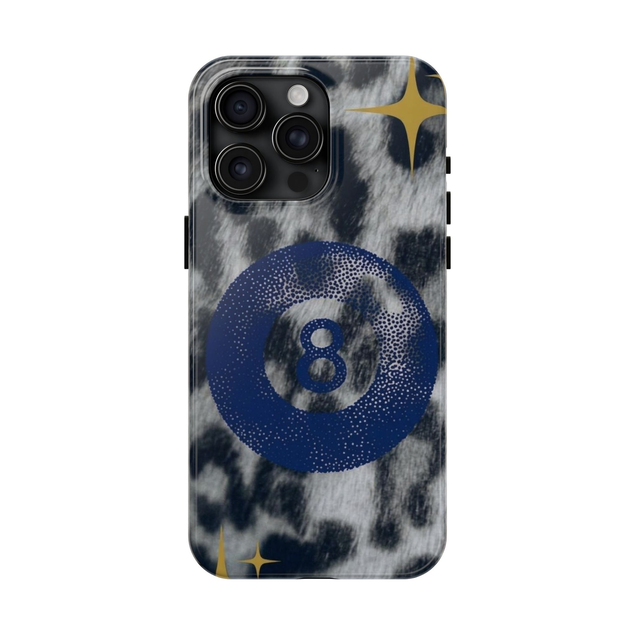 Tough Phone Case – Blue 8 Ball on Black & White Leopard Print