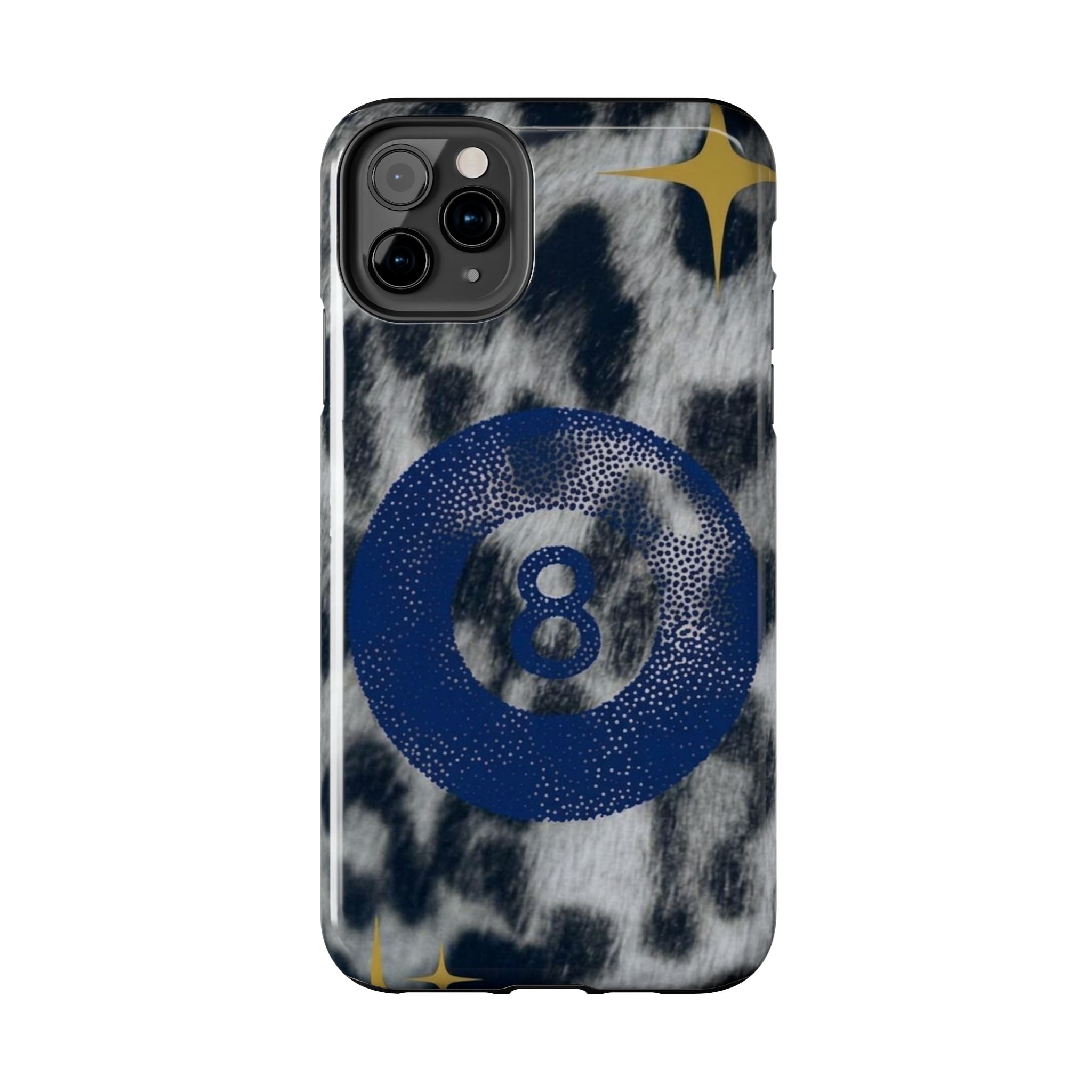 Tough Phone Case – Blue 8 Ball on Black & White Leopard Print