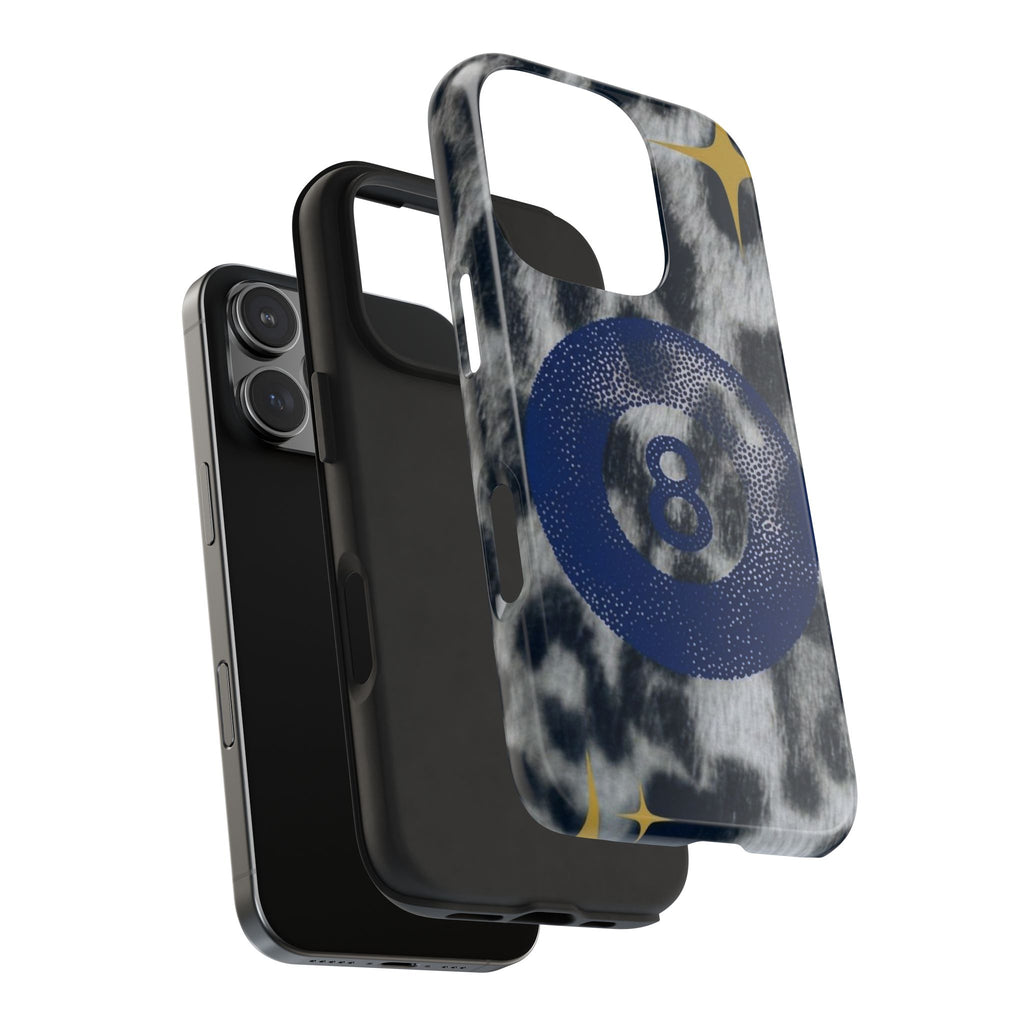 Tough Phone Case – Blue 8 Ball on Black & White Leopard Print