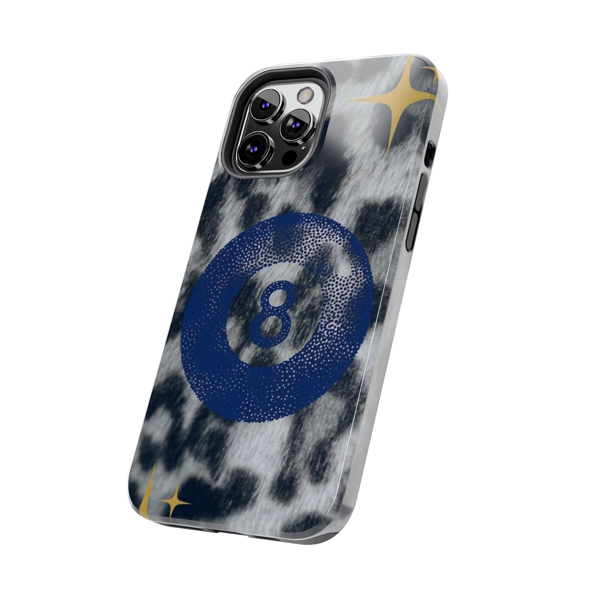 Tough Phone Case – Blue 8 Ball on Black & White Leopard Print