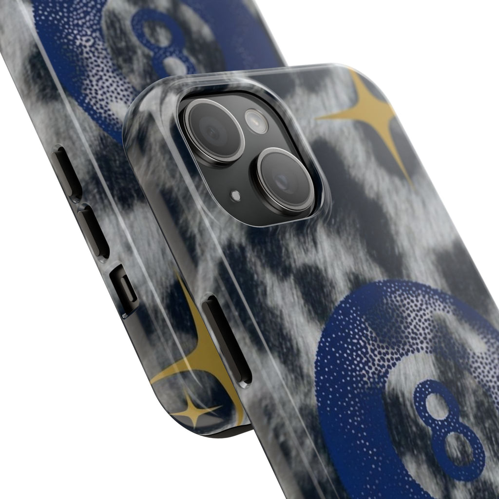 Tough Phone Case – Blue 8 Ball on Black & White Leopard Print