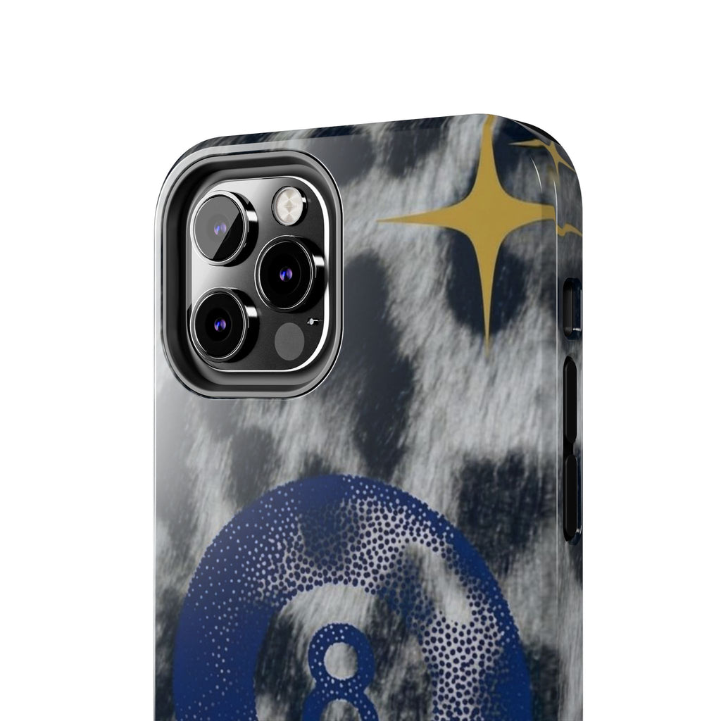 Tough Phone Case – Blue 8 Ball on Black & White Leopard Print