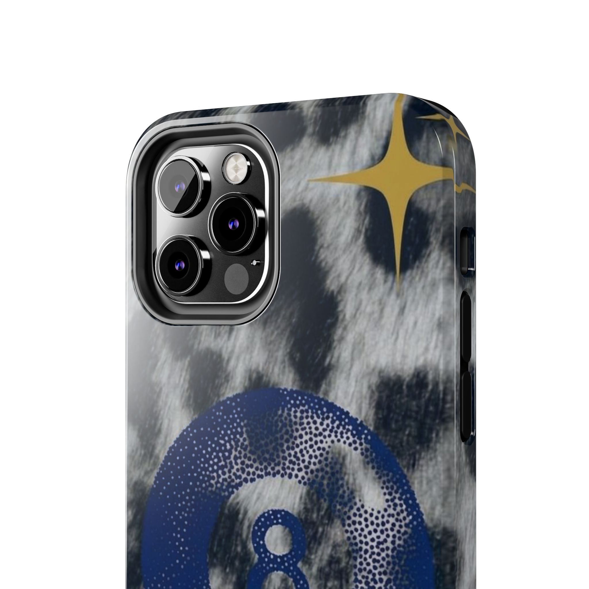 Tough Phone Case – Blue 8 Ball on Black & White Leopard Print