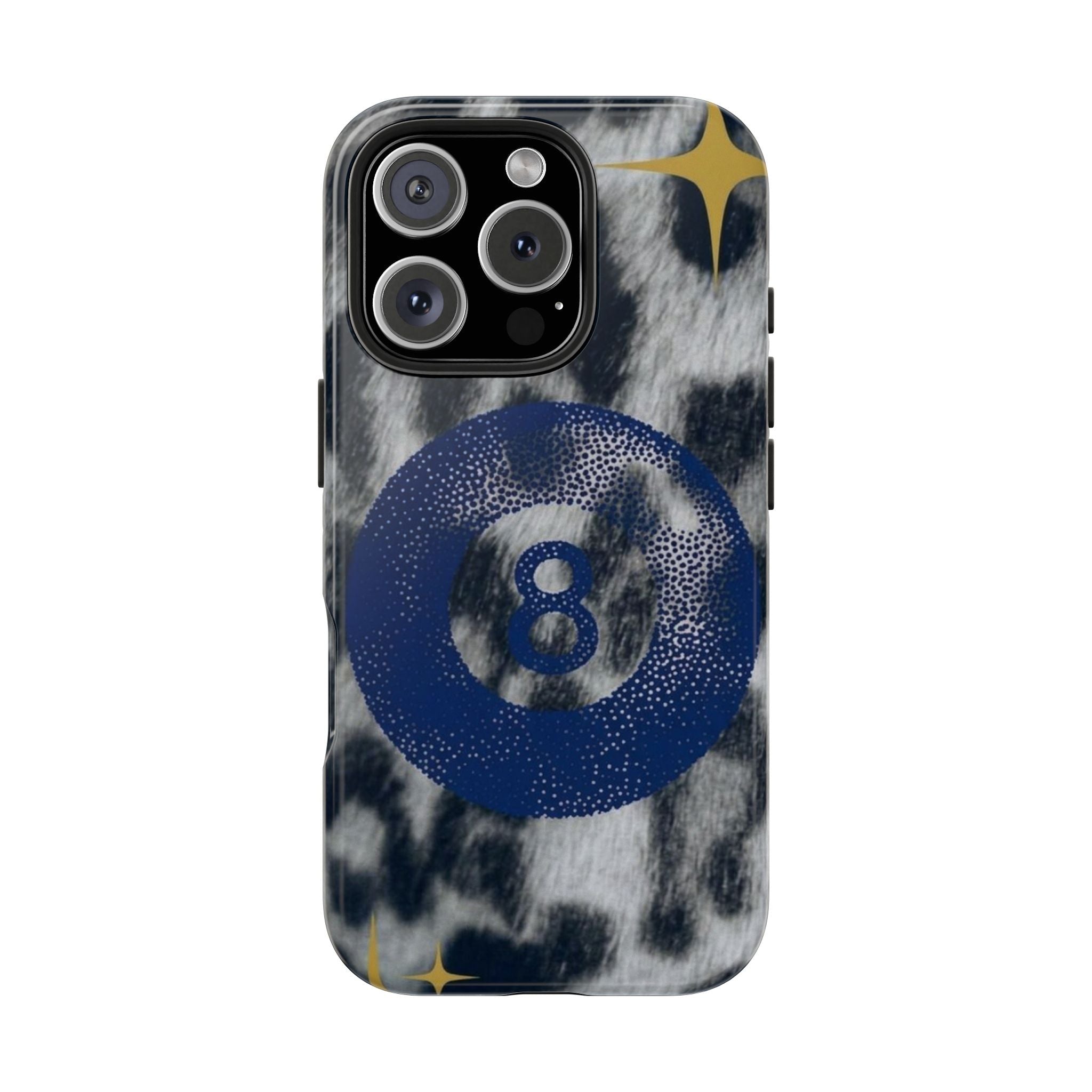 Tough Phone Case – Blue 8 Ball on Black & White Leopard Print