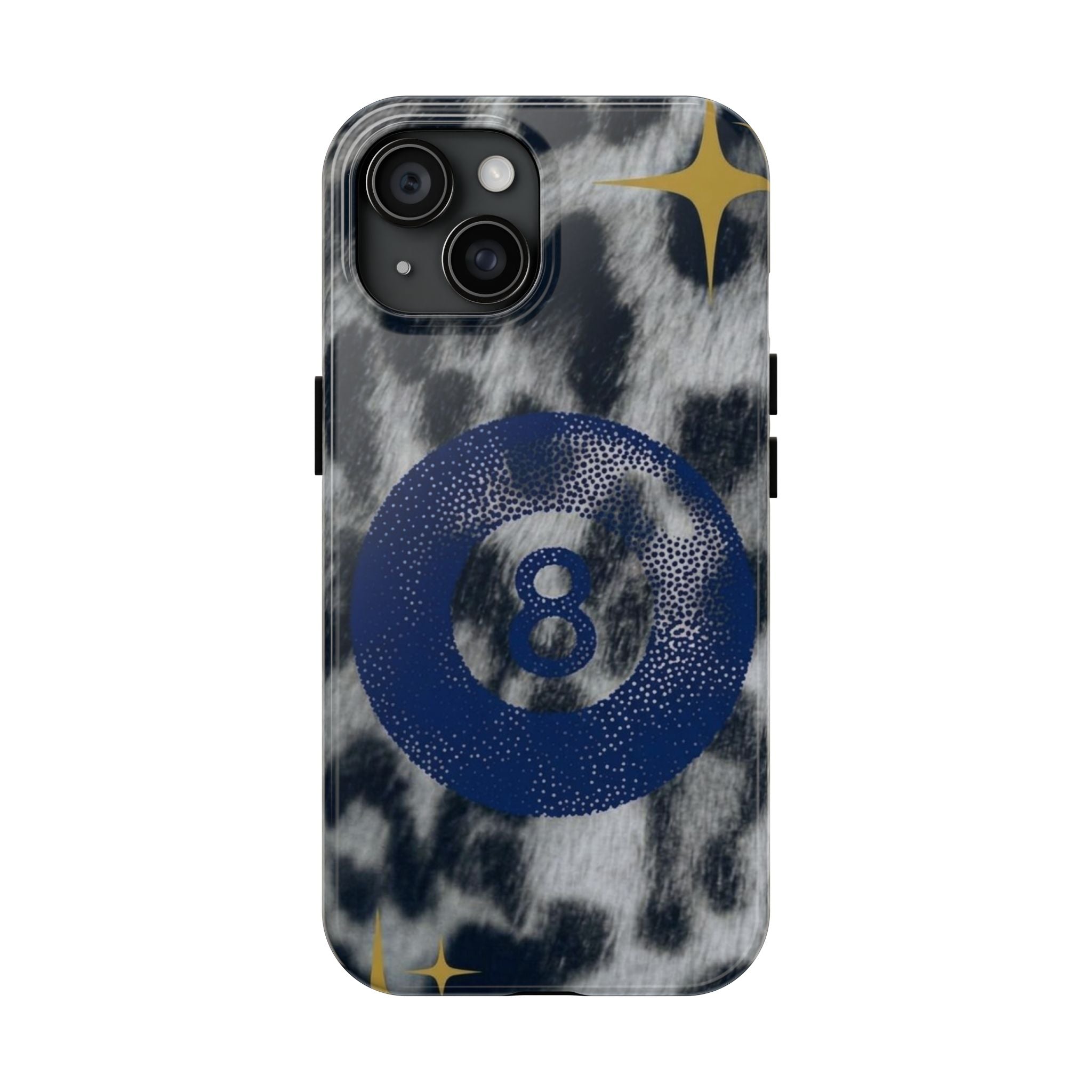 Tough Phone Case – Blue 8 Ball on Black & White Leopard Print