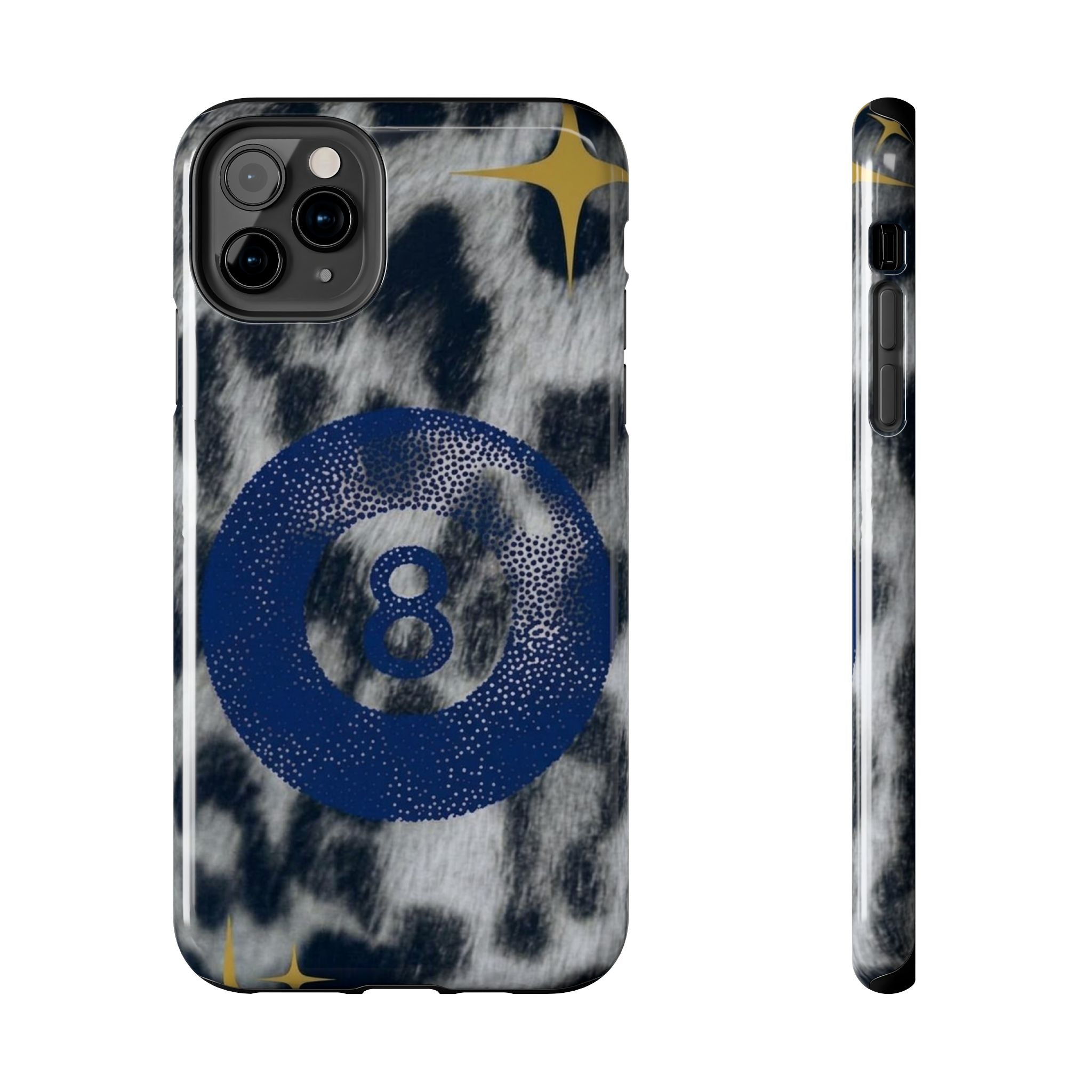 Tough Phone Case – Blue 8 Ball on Black & White Leopard Print