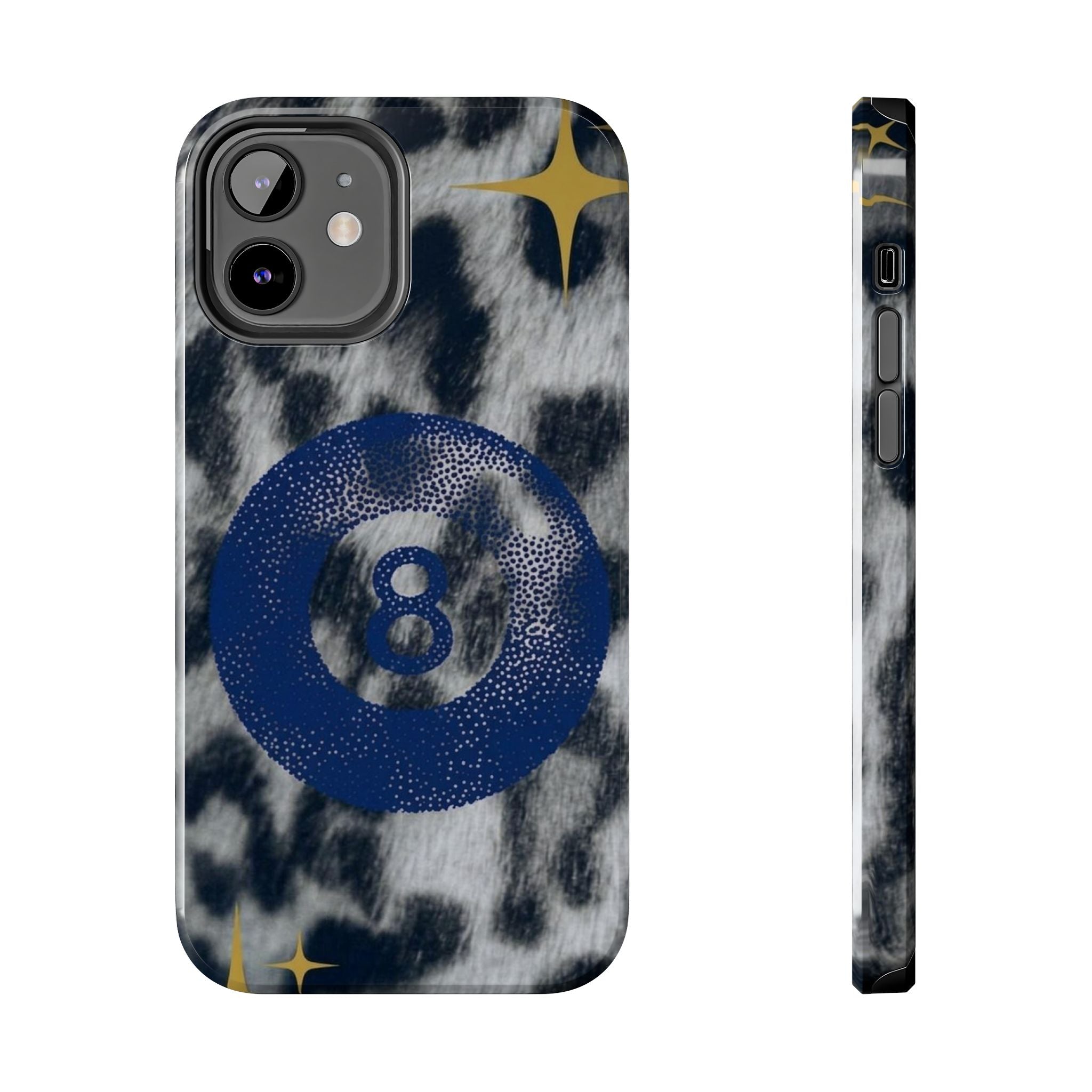 Tough Phone Case – Blue 8 Ball on Black & White Leopard Print