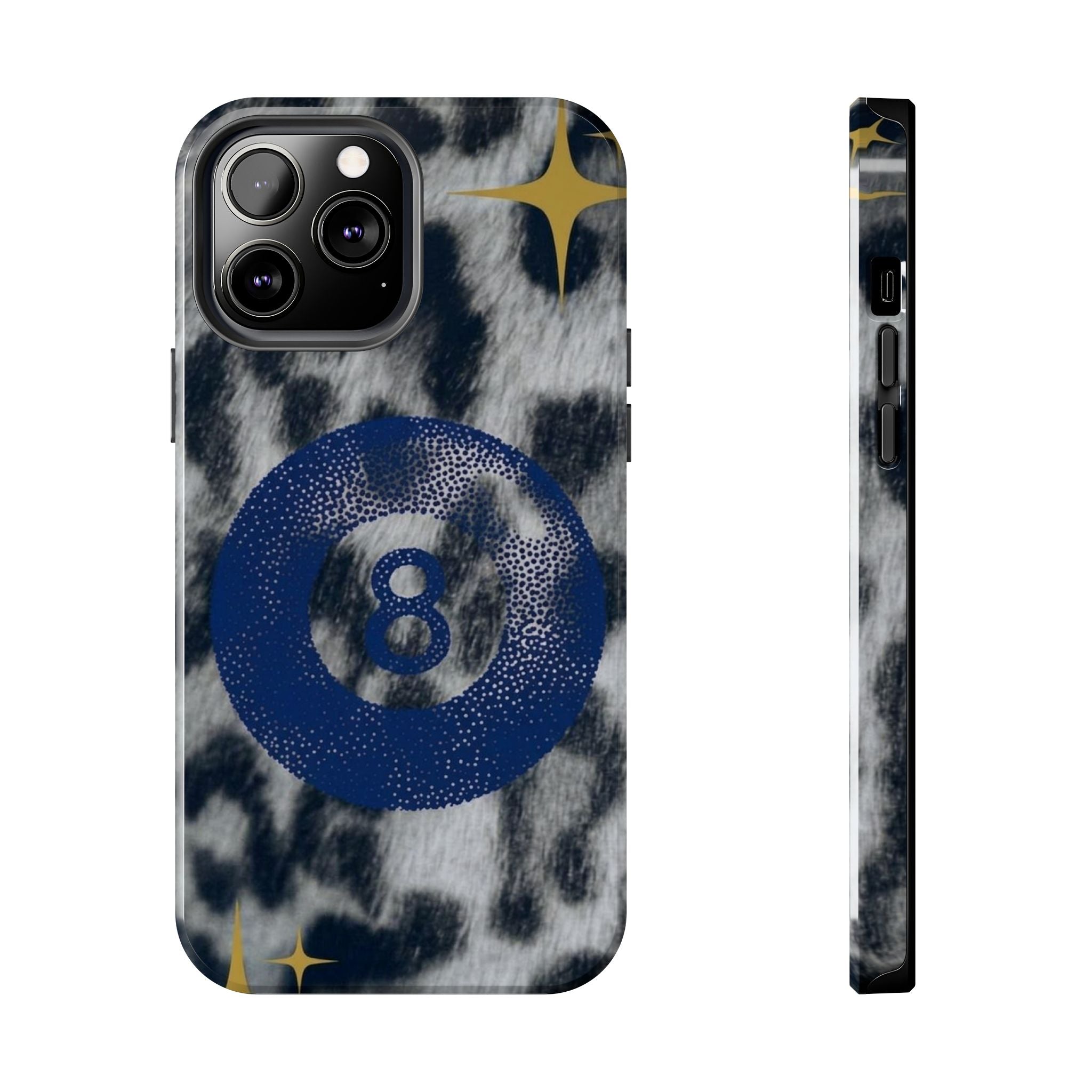 Tough Phone Case – Blue 8 Ball on Black & White Leopard Print