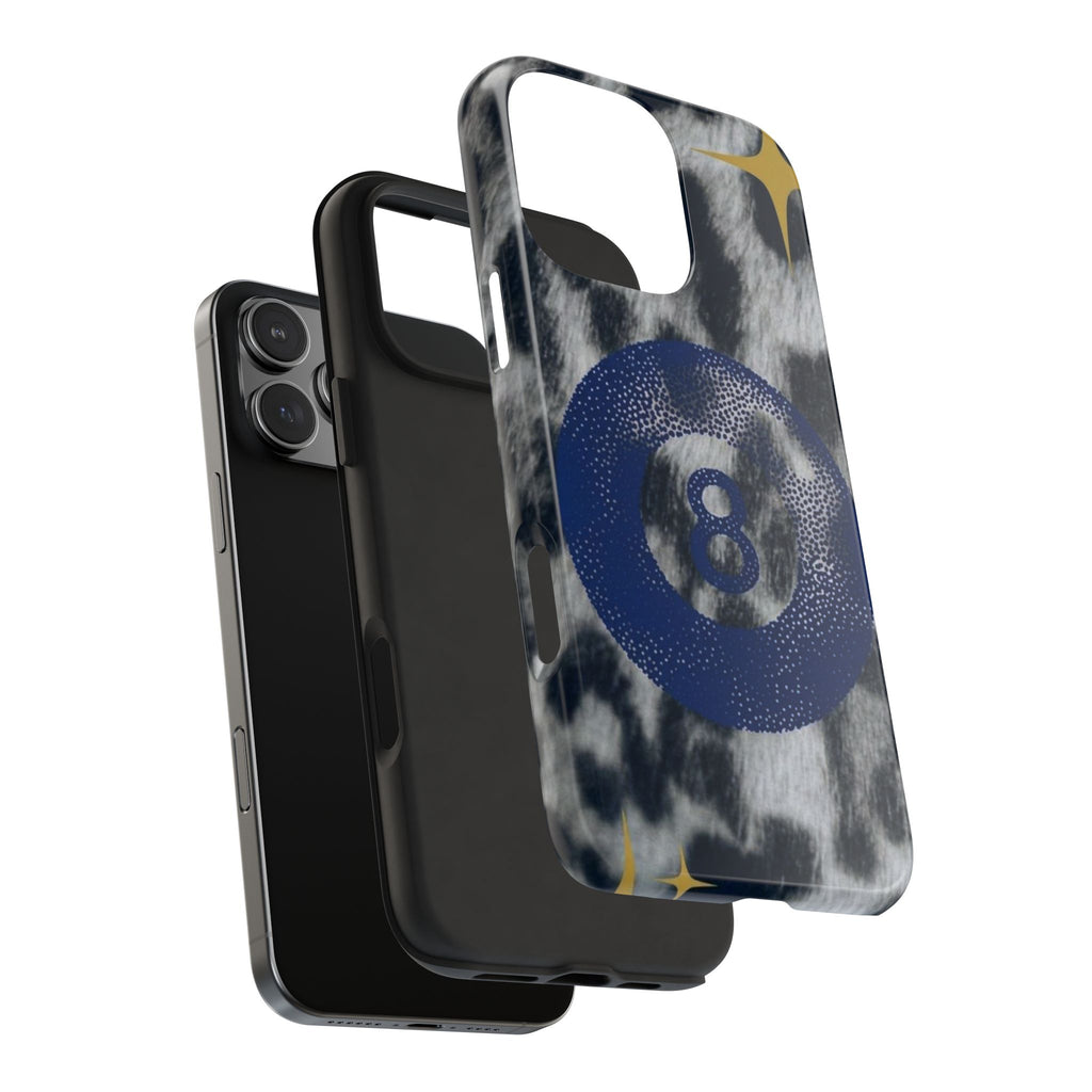 Tough Phone Case – Blue 8 Ball on Black & White Leopard Print