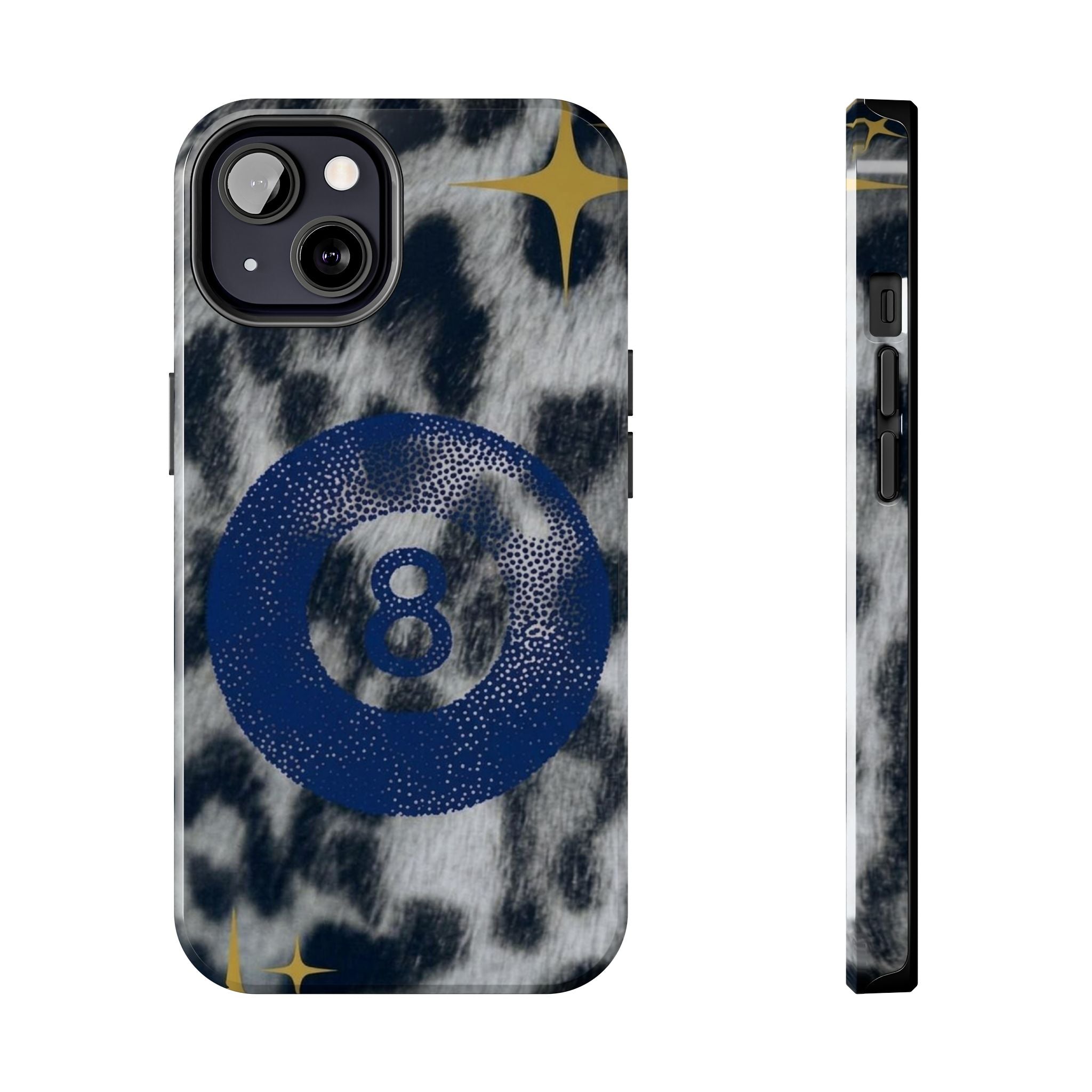 Tough Phone Case – Blue 8 Ball on Black & White Leopard Print
