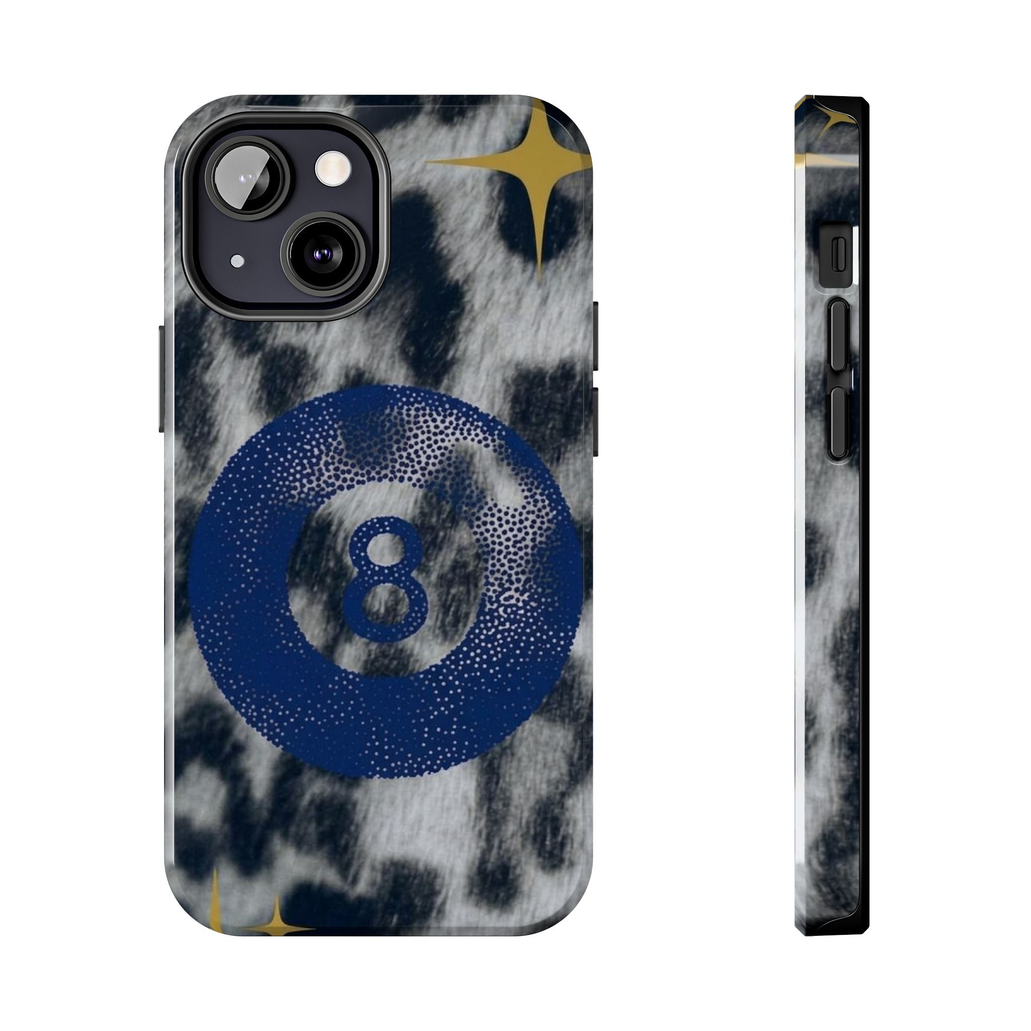 Tough Phone Case – Blue 8 Ball on Black & White Leopard Print