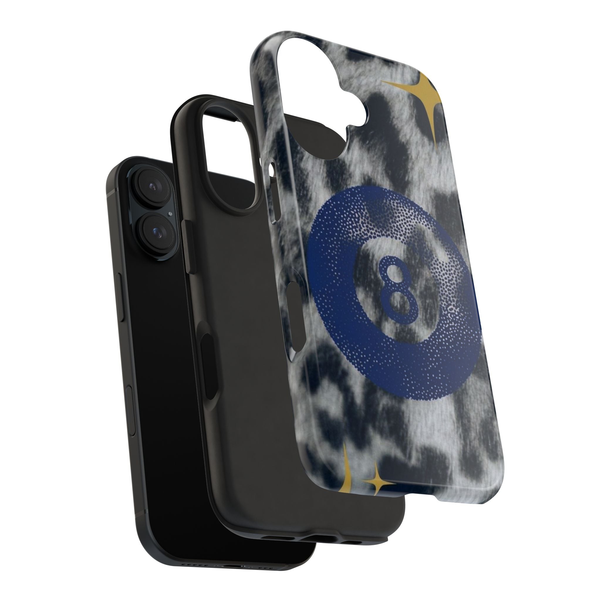 Tough Phone Case – Blue 8 Ball on Black & White Leopard Print