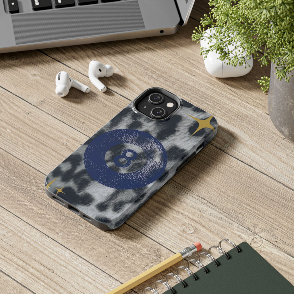 Tough Phone Case – Blue 8 Ball on Black & White Leopard Print