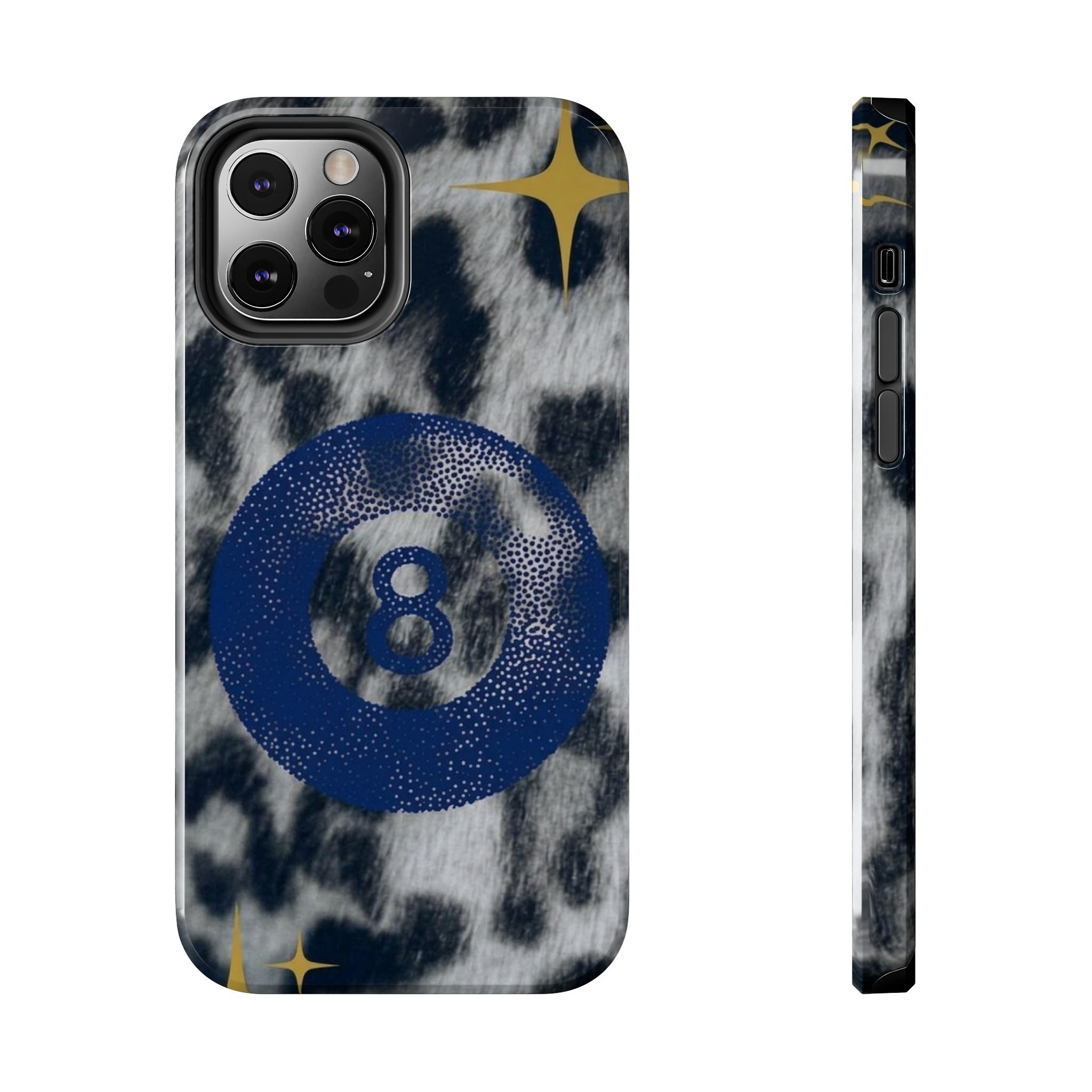 Tough Phone Case – Blue 8 Ball on Black & White Leopard Print