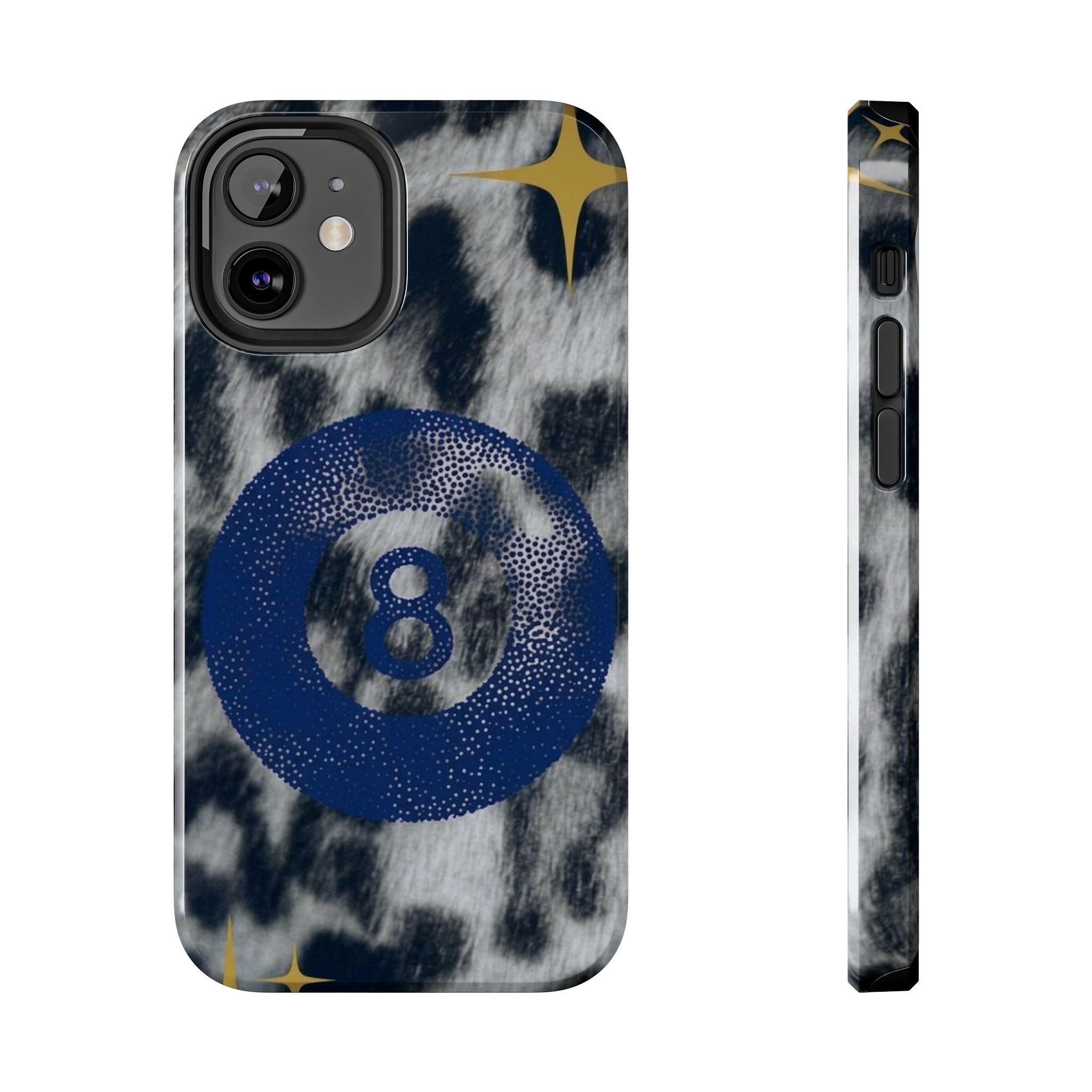 Tough Phone Case – Blue 8 Ball on Black & White Leopard Print
