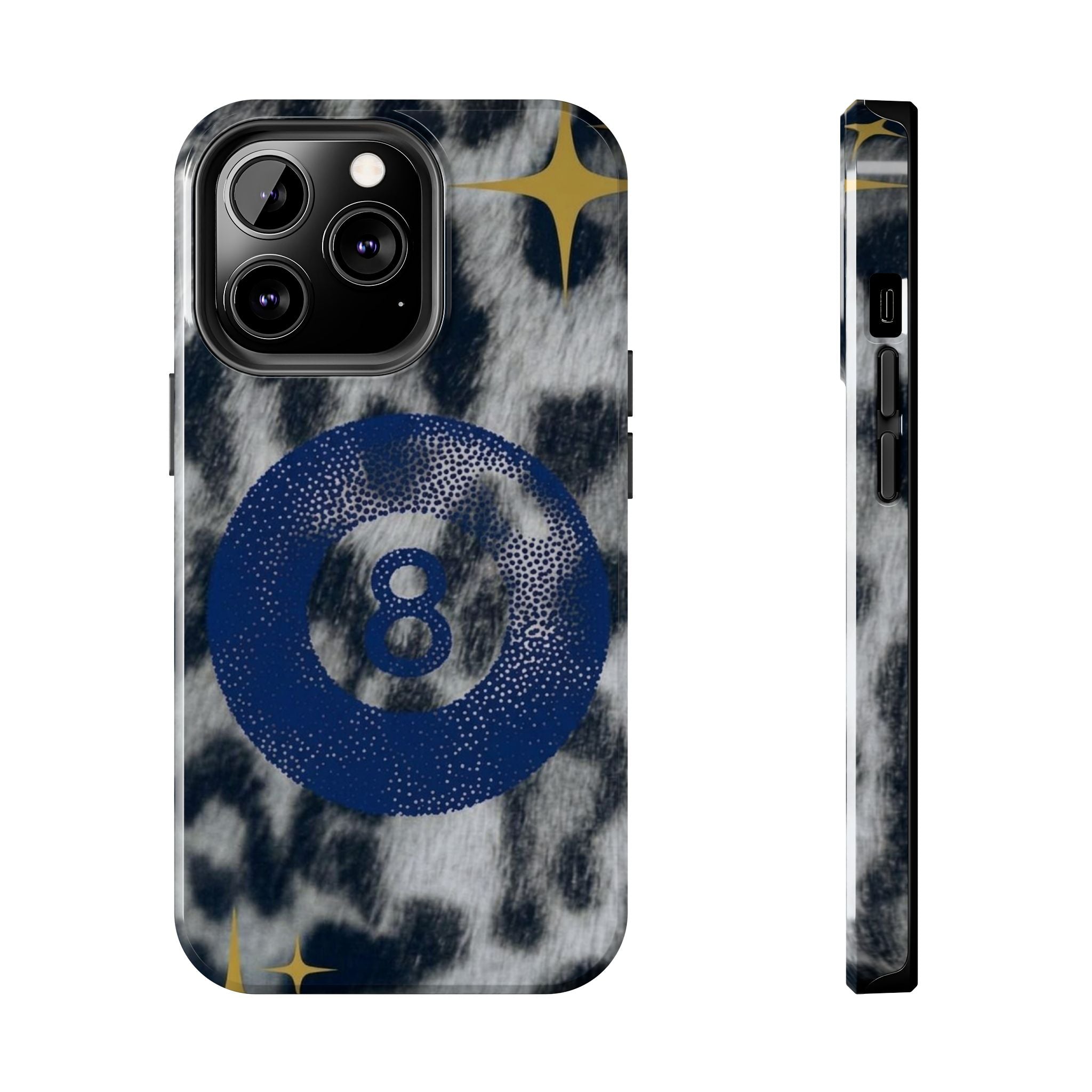 Tough Phone Case – Blue 8 Ball on Black & White Leopard Print