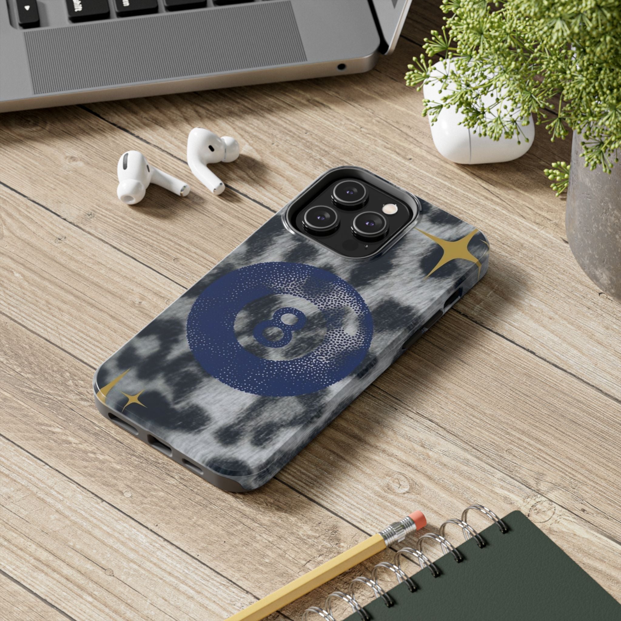 Tough Phone Case – Blue 8 Ball on Black & White Leopard Print