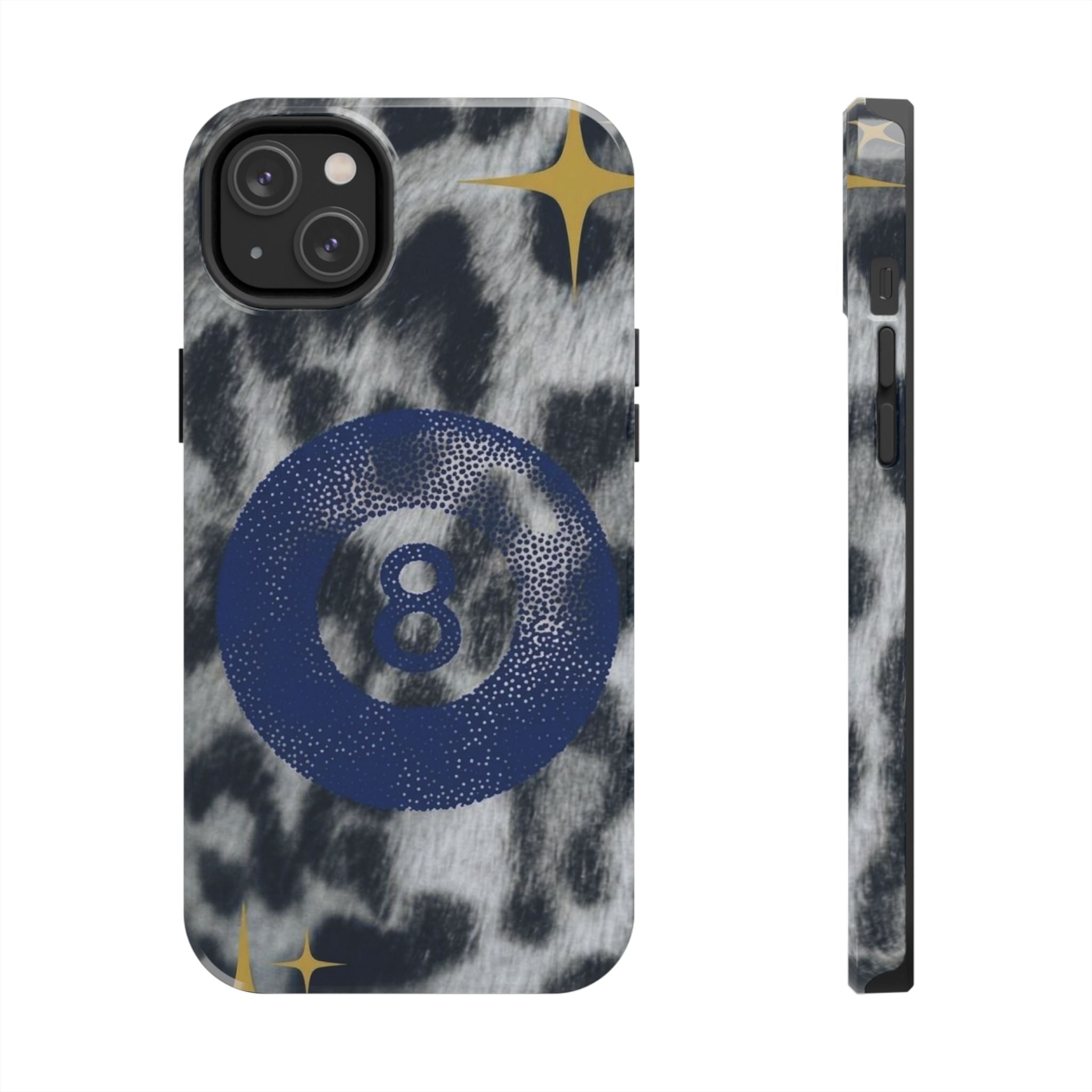 Tough Phone Case – Blue 8 Ball on Black & White Leopard Print